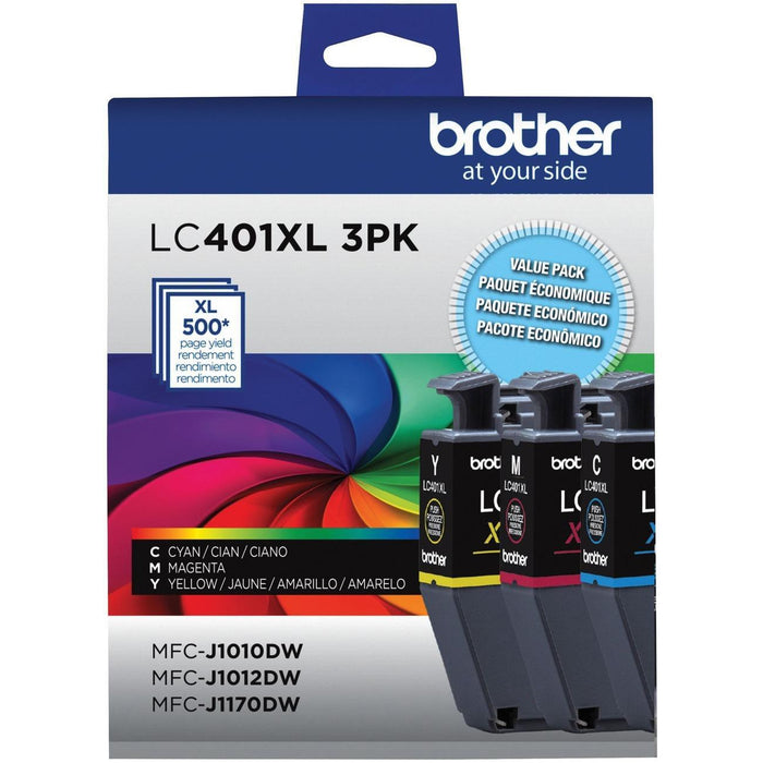 Brother LC401XL3PKS High Yield Original Ink Cartridge 3-Pack – Cyan Magenta Yellow, 500 Pages Each / 1,500 Total