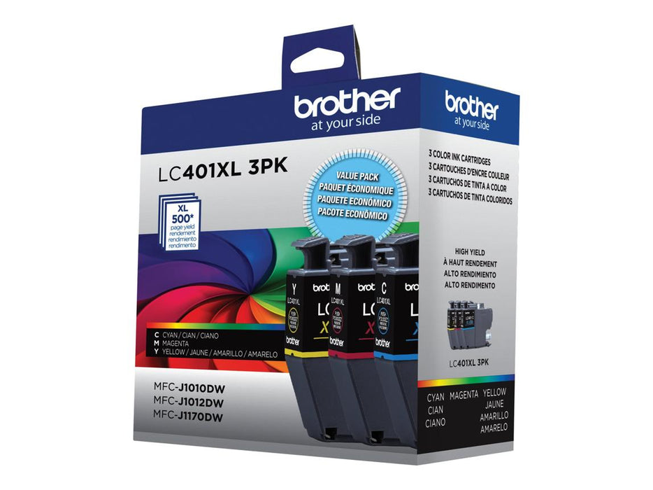 Brother LC401XL3PKS High Yield Original Ink Cartridge 3-Pack – Cyan Magenta Yellow, 500 Pages Each / 1,500 Total