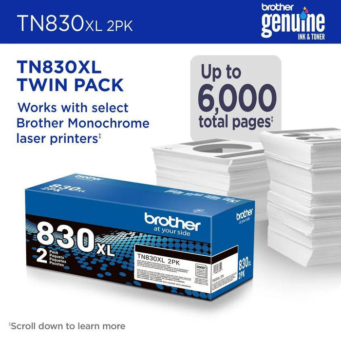 Brother TN830XL2PK Black High Yield Original Laser Toner Cartridge 2-Pack – 3,000 Pages Each / 6,000 Total