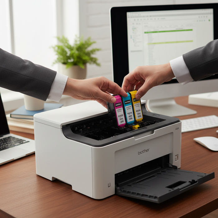 Brother LC2033PKS color ink cartridges being installed in Brother inkjet printer