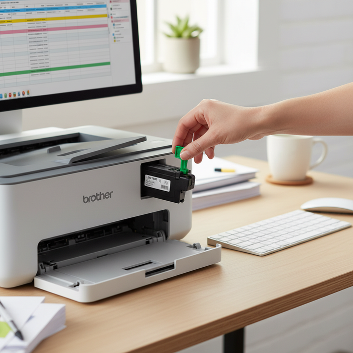 Brother LC3013BK black ink cartridge being installed in Brother MFC inkjet printer