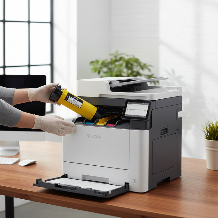 Kyocera TK-621Y Yellow Toner Cartridge being installed in Kyocera printer