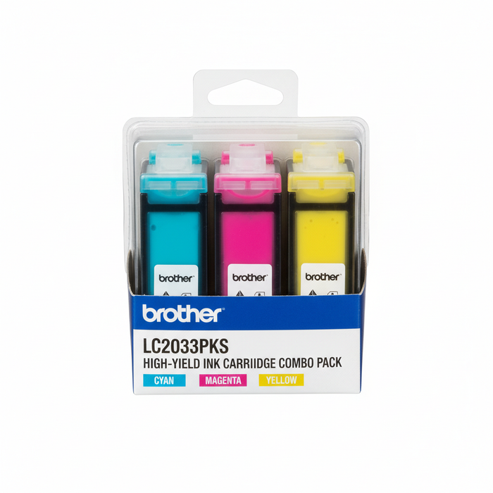 Brother LC2033PKS Cyan Magenta Yellow High Yield Ink Cartridge Combo Pack front view
